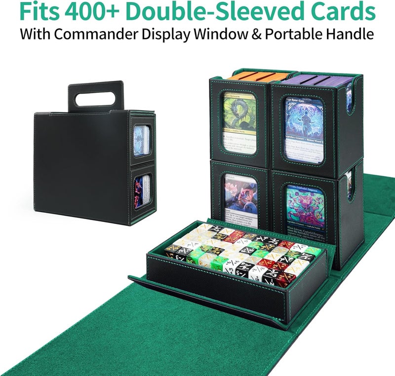 AFIING Commander Deck Box for MTG, Holds 400+ Double-Sleeved Cards, 4 Removable Deck Cases with Display Window, Dice Tray/Handle,Trading Card Storage Organizer/Dividers for TCG (Black Green) - Image 2